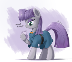 Size: 2250x1950 | Tagged: safe, artist:bugplayer, boulder (pet), maud pie, earth pony, pony, rock solid friendship, clothes, cup, dialogue, duo, eyeshadow, female, lidded eyes, makeup, mare, rock