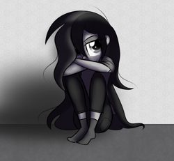 Size: 780x720 | Tagged: safe, artist:wubcakeva, oc, oc only, oc:cupcake slash, equestria girls, black and white, clothes, crying, depressed, grayscale, hair over one eye, monochrome, pants, sad, simple background, sitting, socks, solo