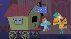 Size: 813x446 | Tagged: safe, screencap, snails, snips, pony, unicorn, boast busters, colt, freakout, male, shocked, trixie's wagon