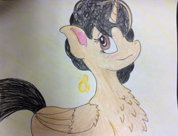 Size: 2204x1697 | Tagged: safe, artist:andandampersand, derpibooru exclusive, oc, oc only, oc:starlena, alicorn, pony, alicorn oc, art trade, blushing, chest fluff, fluffy, request, solo, traditional art, wings