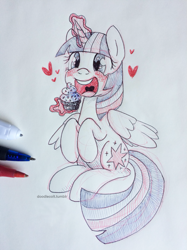 Size: 979x1306 | Tagged: safe, artist:bloodorangepancakes, twilight sparkle, twilight sparkle (alicorn), alicorn, pony, cupcake, cute, food, magic, solo, traditional art, twiabetes