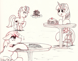 Size: 971x756 | Tagged: safe, artist:bloodorangepancakes, twilight sparkle, twilight sparkle (alicorn), oc, oc:ruby pancakes, alicorn, pony, food, magic, pancakes, traditional art