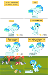 Size: 9100x14001 | Tagged: safe, artist:cyanlightning, apple bloom, aquamarine, aura (character), button mash, noi, rumble, scootaloo, shady daze, sweetie belle, oc, oc:cyan lightning, earth pony, pegasus, pony, unicorn, comic:cyan's adventure, absurd resolution, clothes, colt, comic, cutie mark crusaders, female, filly, flower, male, ribbon, scarf, school, sleeping, speech bubble, vector, volume