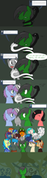 Size: 1280x4775 | Tagged: safe, artist:hummingway, oc, oc only, oc:copper wings, oc:feather hummingway, oc:jade shine, oc:lightking, oc:paradigm, oc:zephyr wing, earth pony, pegasus, pony, unicorn, absurd resolution, albino changeling, ask-humming-way, blue eyes, bound wings, golden eyes, green eyes, jade shine's toolbelt, toolbelt, tumblr, white changeling