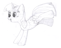 Size: 1696x1336 | Tagged: safe, artist:aafh, twilight sparkle, unicorn twilight, pony, unicorn, bucking, cute, female, grayscale, happy, lineart, mare, monochrome, open mouth, simple background, sketch, solo, traditional art, twiabetes, white background
