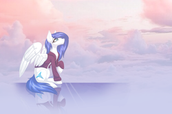 Size: 3000x2000 | Tagged: safe, artist:leftduality, oc, oc only, oc:mellatune, pegasus, pony, caduceus, clothes, cloud, hoodie, sky, solo