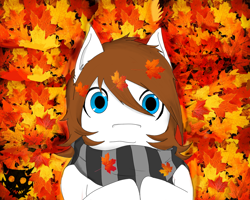 Size: 1280x1024 | Tagged: safe, artist:exile, derpibooru import, oc, oc only, oc:ink, earth pony, pony, autumn, clothes, leaves, scarf, solo