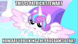 Size: 1366x768 | Tagged: safe, derpibooru import, edit, edited screencap, screencap, princess flurry heart, the crystalling, caption, cute, family guy, flurrybetes, image macro, looking up, meme, on back, open mouth, patrick stewart, smiling, solo, spread wings, weapons-grade cute