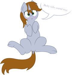 Size: 5187x5391 | Tagged: safe, artist:plone, derpibooru import, oc, oc only, oc:littlepip, pony, unicorn, fallout equestria, absurd resolution, bellyrubs, blushing, comic, cute, dock, fanfic, fanfic art, female, hooves, horn, lying down, mare, on back, open mouth, simple background, solo, speech bubble, spread legs, spreading, transparent background