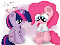 Size: 2582x1941 | Tagged: safe, artist:bronybehindthedoor, derpibooru import, pinkie pie, twilight sparkle, twilight sparkle (alicorn), alicorn, earth pony, pony, chibi, clothes, cross-popping veins, grammar nazi, magic, raised hoof, shirt, sitting, thick