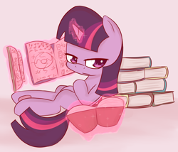 Size: 1200x1029 | Tagged: safe, anonymous artist, derpibooru import, twilight sparkle, book, filly, filly twilight sparkle, lidded eyes, lying down, magic, on back, simple background, solo, telekinesis, underhoof