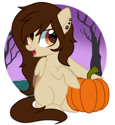 Size: 1084x1180 | Tagged: safe, artist:sugguk, derpibooru import, oc, oc only, oc:september moon, pegasus, pony, food, pumpkin, solo