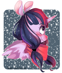 Size: 1128x1328 | Tagged: safe, artist:tamyarts, twilight sparkle, twilight sparkle (alicorn), alicorn, pony, alternate hairstyle, clothes, ponytail, scarf, smiling, snow, snowfall, solo