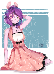 Size: 1376x1888 | Tagged: safe, artist:tamyarts, oc, oc only, anthro, anthro oc, armpits, clothes, dress, jewelry, one eye closed, pendant, solo, wink