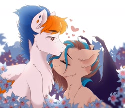 Size: 1637x1422 | Tagged: safe, artist:dagmell, oc, oc only, bat pony, pegasus, pony, bat wings, colt, commission, cute, ear fluff, embarrassed, female, flower, fluffy, fur, heart, kissing, male, mare, mare and stallion, oc x oc, shipping, wings