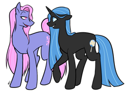 Size: 945x689 | Tagged: safe, artist:egophiliac, derpibooru import, oc, oc only, oc:nepenthe, changeling, changeling queen, earth pony, pony, unicorn, blue changeling, changeling queen oc, cute, disguise, disguised changeling, female, long mane, raised hoof, smiling