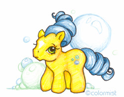 Size: 339x266 | Tagged: safe, artist:colormist, bubbles (g1), earth pony, pony, g1, bubble, curly mane, simple background, solo, star (coat marking), white background