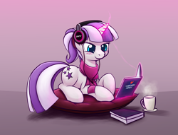 Size: 3800x2900 | Tagged: safe, artist:redstoneengine, twilight velvet, pony, unicorn, alternate hairstyle, blushing, book, clothes, cute, female, headphones, heart, high res, levitation, magic, mare, mug, pillow, ponytail, prone, scarf, smiling, solo, steam, telekinesis, velvetbetes