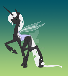 Size: 1024x1138 | Tagged: safe, artist:basykail, oc, oc only, changeling, female, gradient background, mare, raised hoof, solo, watermark, white changeling