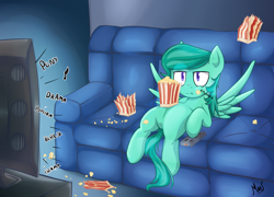 Size: 2500x1800 | Tagged: safe, artist:sea-maas, derpibooru import, oc, oc only, oc:aurora, bored, couch potato, food, popcorn, sofa, solo, television