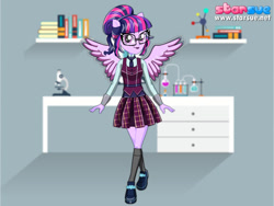 Size: 800x600 | Tagged: safe, artist:user15432, sci-twi, twilight sparkle, twilight sparkle (alicorn), alicorn, human, equestria girls, friendship games, alternate hairstyle, clothes, crystal prep academy, crystal prep academy uniform, crystal prep shadowbolts, female, glasses, hasbro, hasbro studios, human counterpart, humanized, pegasus wings, ponied up, school uniform, scitwilicorn, shoes, skirt, socks, solo, starsue, winged humanization, wings