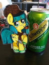 Size: 768x1024 | Tagged: safe, artist:gingerale, artist:gingerale2016, derpibooru import, oc, oc only, oc:ginger ale, pegasus, pony, bubble pipe, clothes, female, ginger ale, hat, irl, paper child, photo, pipe, raised hoof, scarf, schweppes, smiling, soap bubble, traditional art