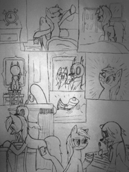 Size: 1920x2560 | Tagged: safe, artist:derpanater, derpibooru import, oc, oc only, oc:toothpick, changeling, earth pony, pony, alarm clock, bathtub, bed, bed hair, bedroom, black and white, bracelet, broken horn, comic, counter, cute, cutie mark, door, dresser, floppy ears, grayscale, jewelry, mirror, missing the point, monochrome, reflection, ring, shocked, shower curtain, sideways image, sink, stool, sweatdrop, toothbrush, toothpaste, traditional art, wedding ring