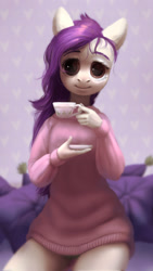 Size: 1100x1950 | Tagged: safe, artist:pessadie, oc, oc only, anthro, earth pony, adoracreepy, big eyes, clothes, creepy, cup, cute, female, lidded eyes, looking at you, mare, sitting, smiling, solo, sweater, teacup, uncanny valley