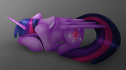 Size: 1283x716 | Tagged: safe, artist:skashigame, twilight sparkle, twilight sparkle (alicorn), alicorn, pony, covering eyes, embarrassed, floppy ears, gradient background, hidden eyes, prone, shivering, solo