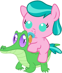 Size: 786x927 | Tagged: safe, artist:red4567, aquamarine, gummy, pony, baby, baby pony, cute, pacifier, ponies riding gators, riding, weapons-grade cute