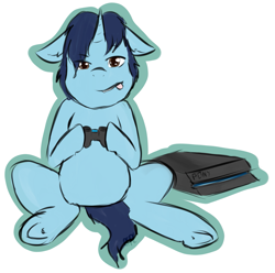 Size: 1947x1928 | Tagged: safe, artist:otpl, derpibooru import, oc, oc only, oc:trigger, pony, unicorn, floppy ears, playstation 4, sitting, solo, tongue out