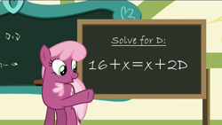 Size: 1280x720 | Tagged: safe, derpibooru import, edit, edited screencap, screencap, cheerilee, the cart before the ponies, cheerilee's blackboard, exploitable meme, image macro, math, math problem, meme, pun, she wants the d, visual pun