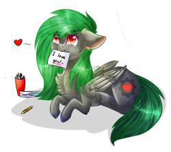 Size: 876x782 | Tagged: safe, artist:twinkepaint, oc, oc only, oc:toxic gears, pegasus, pony, colored pupils, female, mare, paper, pencil, prone, simple background, solo, transparent background