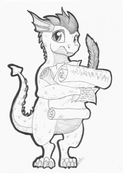 Size: 2350x3290 | Tagged: safe, artist:lupiarts, spike, dragon, black and white, cute, feather, grayscale, looking at you, monochrome, quill, smiling, solo, spike day, traditional art