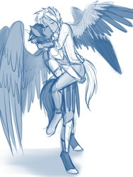 Size: 3000x4000 | Tagged: safe, artist:askbubblelee, oc, oc only, oc:daniel dasher, oc:singe, anthro, dracony, hybrid, pegasus, unguligrade anthro, anthro oc, armor, carrying, clothes, couple, freckles, gay, kissing, male, monochrome, oc x oc, royal guard, shipping, simple background, sketch, stallion