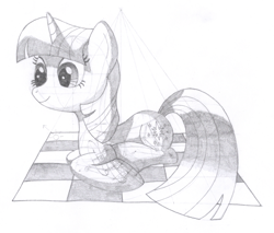 Size: 1340x1141 | Tagged: safe, artist:aafh, twilight sparkle, pony, unicorn, monochrome, picnic blanket, solo, traditional art