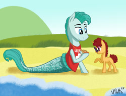 Size: 2195x1670 | Tagged: safe, artist:torusthescribe, oc, oc only, oc:beauregard, oc:itsy bitsy, merpony, pony, unicorn, beach, female, filly, glasses, hermit crab, lifeguard, male, offspring, parent:oc:fallen star, parent:rarity, parent:snails, parent:twist, parents:canon x oc, parents:snailstwist, raised hoof, whistle