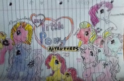 Size: 939x614 | Tagged: safe, artist:deedee524, applejack (g3), blossomforth, fiesta flair, minty, pinkie pie (g3), g3, amberlocks (g3), chocolate delight, lined paper, traditional art