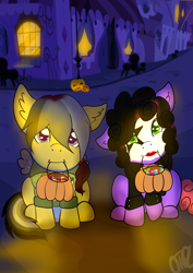 Size: 2893x4092 | Tagged: safe, artist:otpl, derpibooru import, oc, oc only, oc:violet patronage, earth pony, pony, cardboard wings, clothes, costume, foal, looking at you, mouth hold, pumpkin bucket, trick or treat