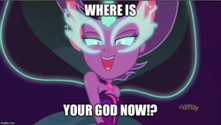 Size: 800x451 | Tagged: safe, edit, edited screencap, screencap, midnight sparkle, sci-twi, twilight sparkle, equestria girls, friendship games, discovery family logo, doomed, image macro, meme, micah, solo, we're all doomed, where is your god now?