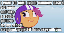 Size: 1280x667 | Tagged: safe, edit, edited screencap, screencap, scootaloo, parental glideance, bait and switch, derp, image macro, iwtcird, meme, solo, text