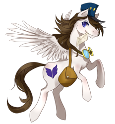 Size: 861x929 | Tagged: safe, artist:ezabor, oc, oc only, oc:arcanel, pegasus, pony, 2017 community collab, derpibooru community collaboration, goggles, letter, looking at you, mailpony, male, saddle bag, simple background, smiling, solo, stallion, transparent background