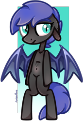 Size: 780x1130 | Tagged: safe, artist:amberpone, oc, oc only, oc:nebula wings, bat pony, semi-anthro, bat wings, belly button, bipedal, blue eyes, blue mane, commission, digital art, eyebrows, female, grey fur, mare, original art, original style, paint tool sai, simple background, solo, standing, transparent background
