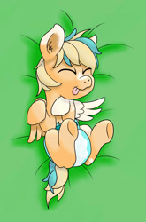 Size: 1622x2461 | Tagged: safe, artist:saxpony, oc, oc only, oc:sun light, pegasus, pony, baby, baby pony, diaper, female, filly, foal, on back, simple background