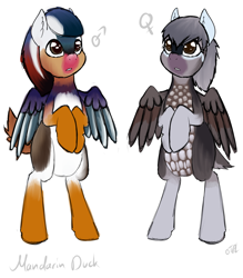 Size: 2893x3303 | Tagged: safe, artist:otpl, derpibooru import, oc, oc only, bird pone, duck, pegasus, pony, 4chan, bipedal, ear fluff, mandarin duck, oc x oc, shipping, simple background, white background