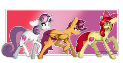 Size: 1500x767 | Tagged: safe, artist:xxmissteaxx, apple bloom, scootaloo, sweetie belle, apple bloom's bow, bow, cutie mark, cutie mark crusaders, hair bow, older, the cmc's cutie marks