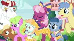 Size: 1920x1080 | Tagged: safe, derpibooru import, screencap, bulk biceps, cheerilee, daisy, flower wishes, goldengrape, meadow song, peach fuzz, perky prep, sir colton vines iii, pony, the cart before the ponies, adaisable, animated, bulkabetes, cheeribetes, cheerileeder, cheering, cheerleader, cheerleader outfit, cheerleading, clothes, colt, cute, diapeaches, filly, foal, gif, hair bow, pleated skirt, pom pom, ponyville, raised hoof, shocked, skirt, worried