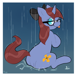 Size: 1200x1200 | Tagged: safe, artist:morgana, oc, oc only, oc:raspberry breeze, pony, unicorn, bow, cutie mark, female, glasses, mare, rain, solo, wet mane