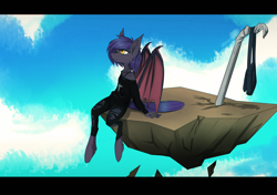 Size: 2894x2039 | Tagged: safe, artist:lonerdemiurge_nail, oc, oc only, oc:dawn sentry, anthro, bat pony, unguligrade anthro, female, goth, mare, sitting, solo