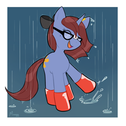 Size: 1200x1200 | Tagged: safe, artist:morgana, oc, oc only, oc:raspberry breeze, pony, unicorn, cutie mark, eyes closed, female, glasses, mare, rain, rain boots, solo, wet mane